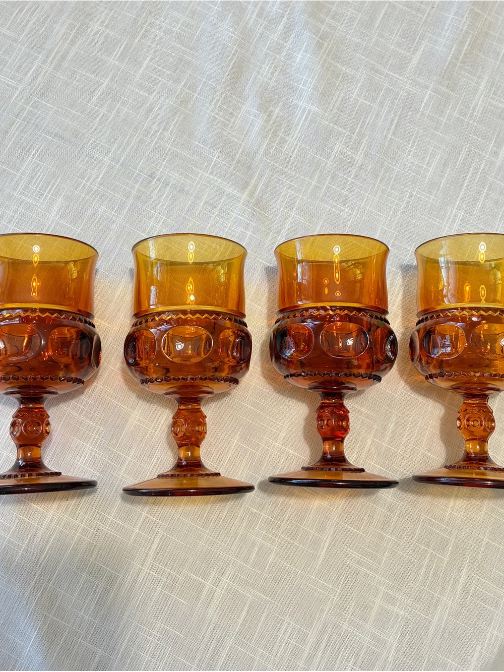4 Indiana Amber Kings Thumbprint Glass Goblets - Set of 4